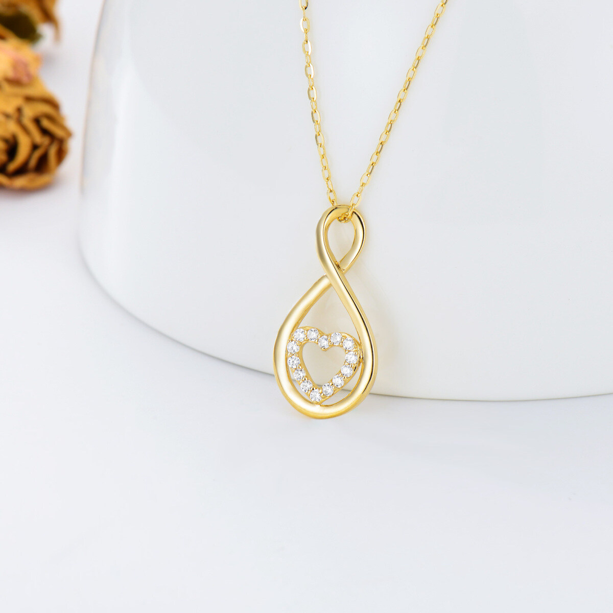 10K Gold Circular Shaped Cubic Zirconia Heart & Infinity Symbol Pendant Necklace-3