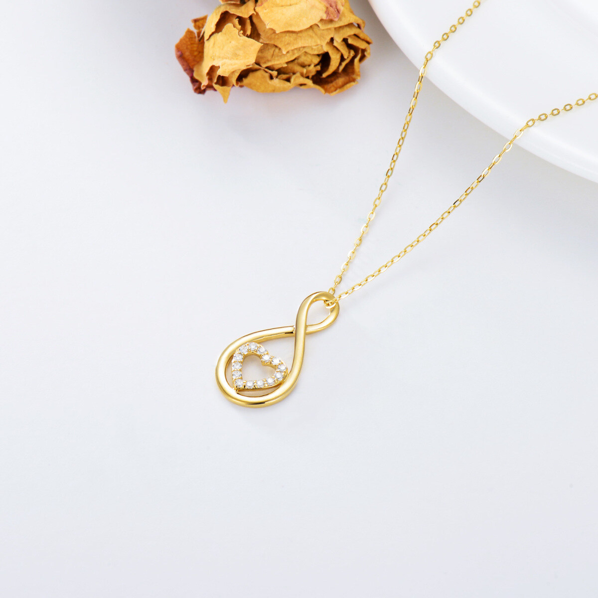 10K Gold Circular Shaped Cubic Zirconia Heart & Infinity Symbol Pendant Necklace-4