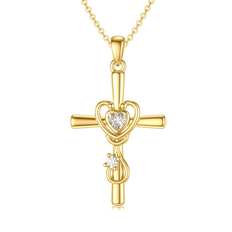 Collier en or 14K avec pendentif croix, coeur et stéthoscope en zircone cubique et moissan-1