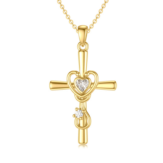 14K Gold Circular Shaped & Heart Shaped Cubic Zirconia & Moissanite Cross & Heart & Stethoscope Pendant Necklace