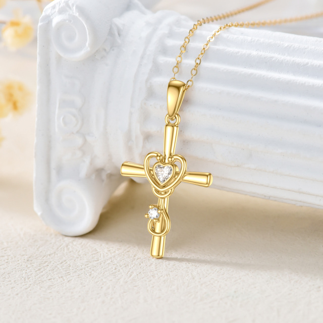 Collana in oro 14K a forma di cerchio e di cuore con croce e cuore in moissanite e ciondolo stetoscopio-3