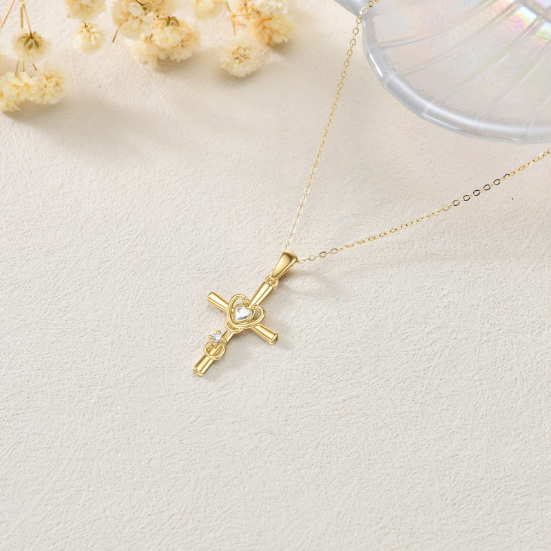 Colar com pendente de cruz em forma de coração, zircónias cúbicas e moissanita em ouro 10K para Vnisex-4