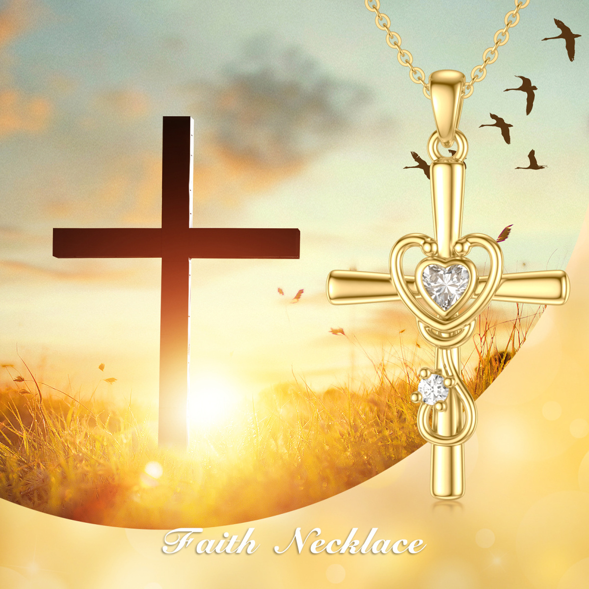 Collier en or 14K avec pendentif croix, coeur et stéthoscope en zircone cubique et moissan-6