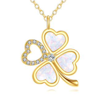 10K Yellow Gold Heart Opal Four Leaf Clover Pendant Necklace For Women-35