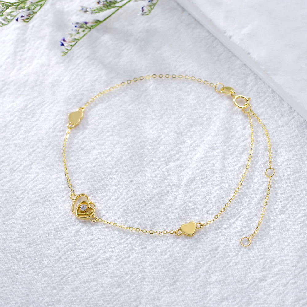 10K Gold Circular Shaped Cubic Zirconia Heart Charm Bracelet-3