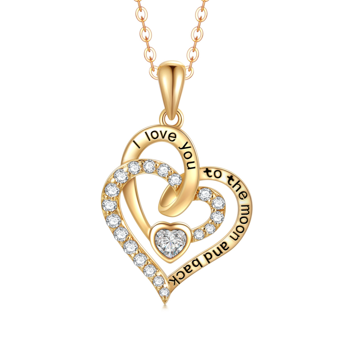 10K Gold Cubic Zirconia Heart With Heart Pendant Necklace With Engraved Word-1