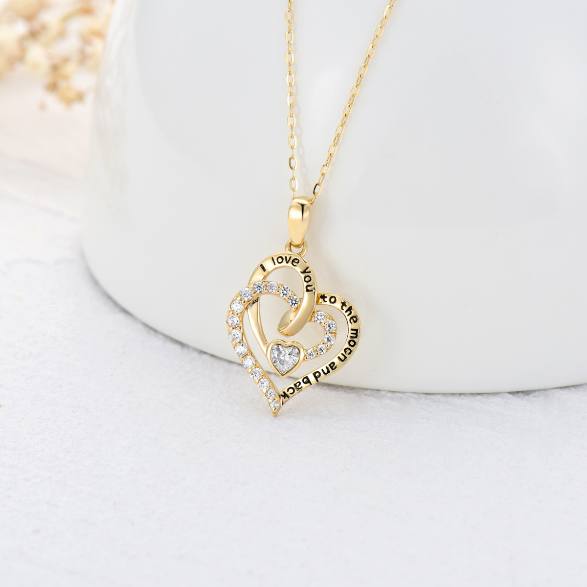 10K Gold Cubic Zirconia Heart With Heart Pendant Necklace With Engraved Word-3