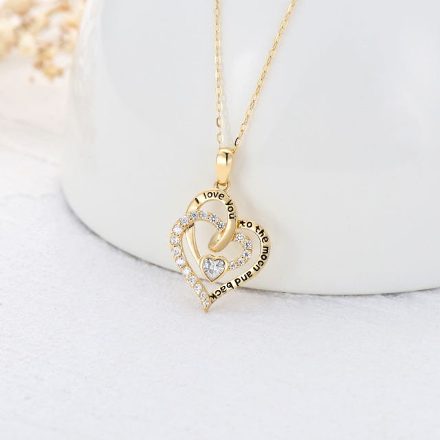 14K Gold Circular Shaped Cubic Zirconia Heart With Heart Pendant Necklace with Engraved Word-3