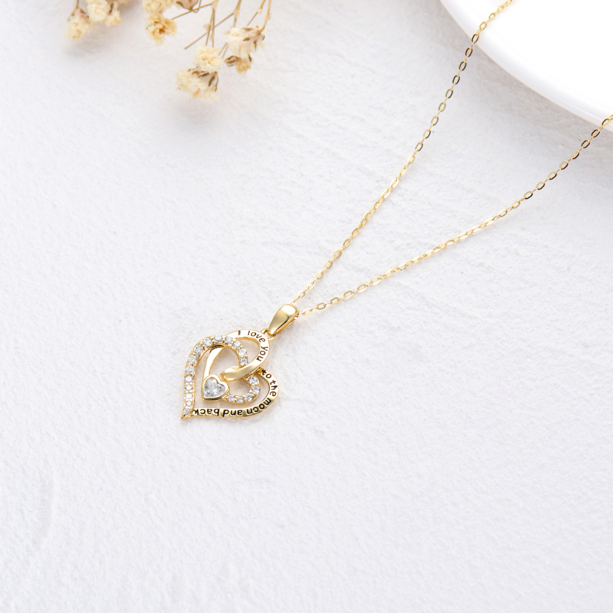 14K Gold Cubic Zirconia Heart With Heart Pendant Necklace With Engraved Word-4