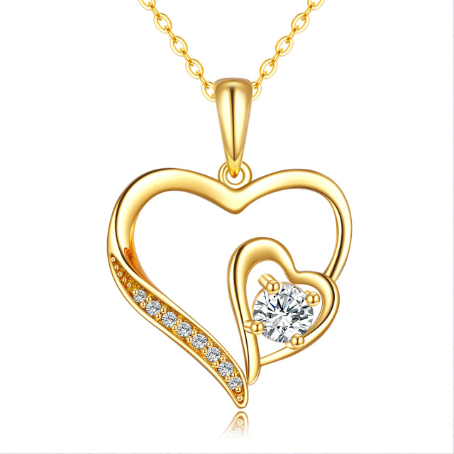 14K Gold Circular Shaped Cubic Zirconia Heart With Heart Pendant Necklace-3