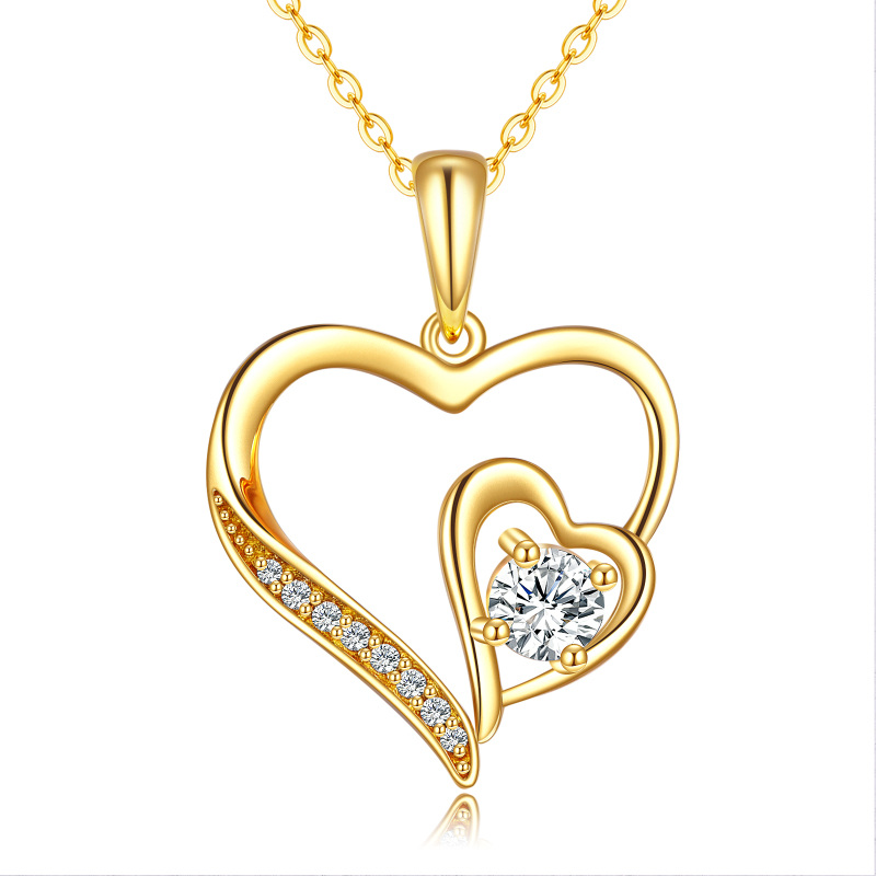 10K Gold Circular Shaped Cubic Zirconia Heart With Heart Pendant Necklace-2