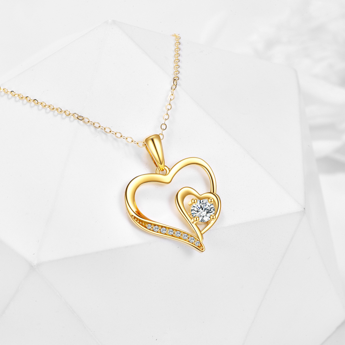 10K Gold Circular Shaped Cubic Zirconia Heart With Heart Pendant Necklace-4