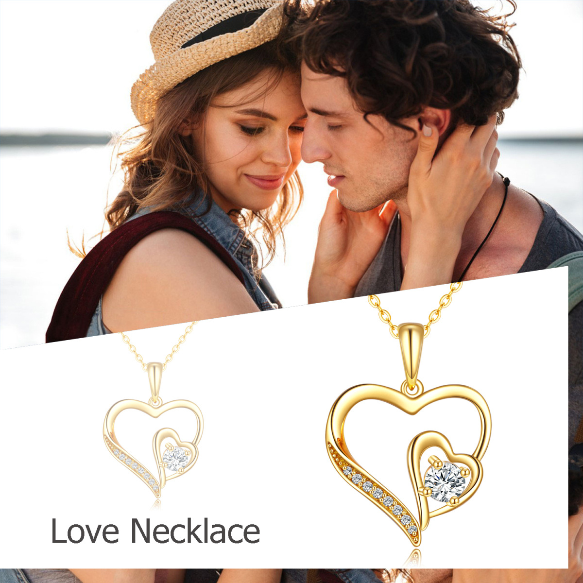 10K Gold Circular Shaped Cubic Zirconia Heart With Heart Pendant Necklace-6