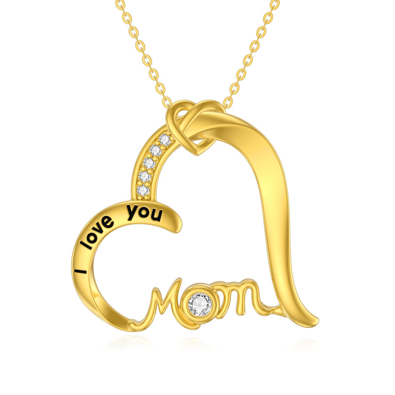 14K Gold Circular Shaped Cubic Zirconia Heart Pendant Necklace with Engraved Word