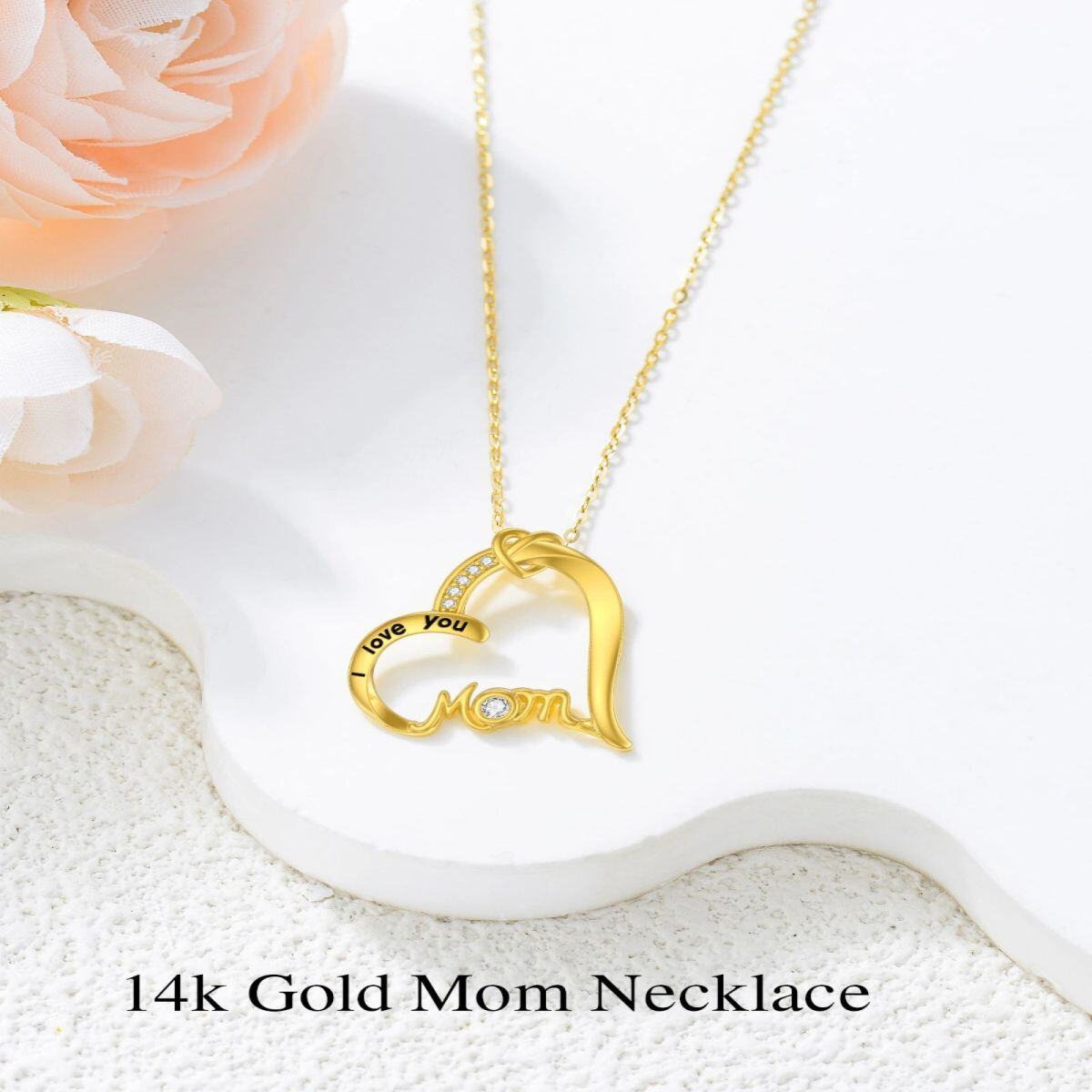 10K Gold Circular Shaped Cubic Zirconia Heart Pendant Necklace with Engraved Word-3