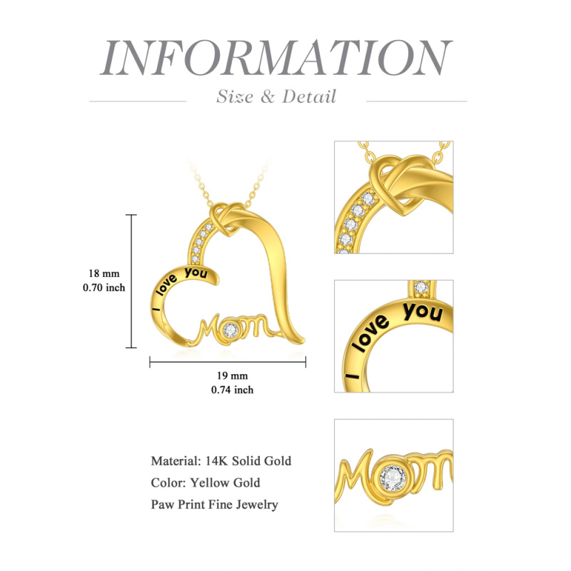 Collier pendentif cœur en or 10 carats avec zircon cubique de forme circulaire et inscription gravée-4