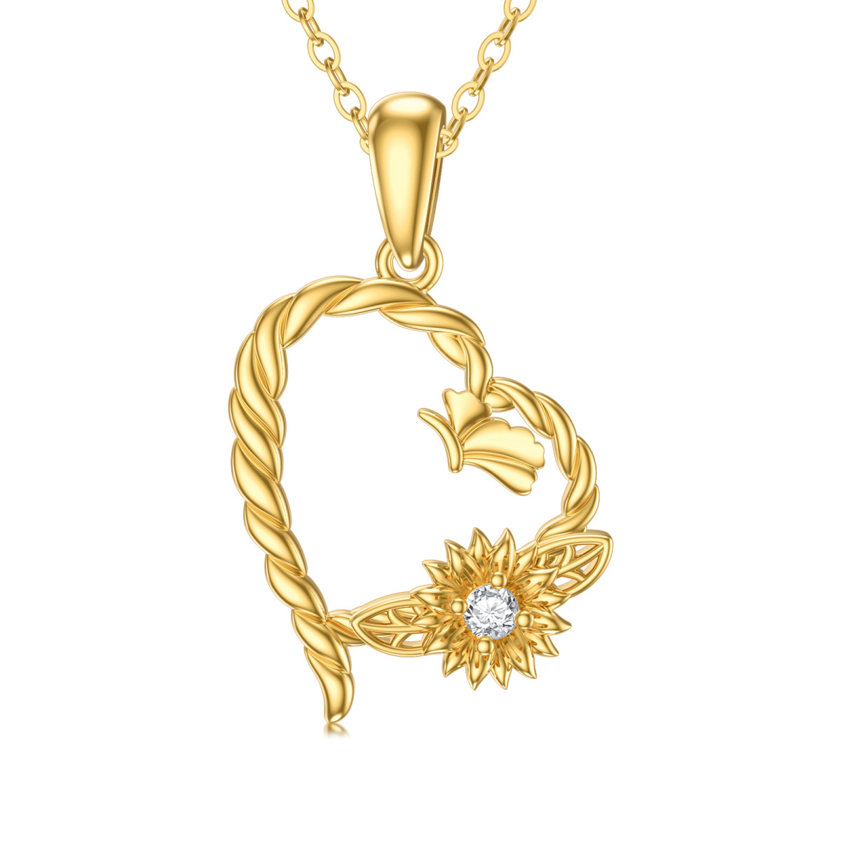 Collana con ciondolo a forma di cuore con zirconi circolari in oro 14K-1