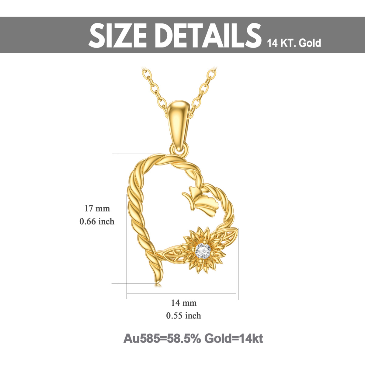 14K gouden ronde vorm Cubic Zirconia hart hanger ketting-5