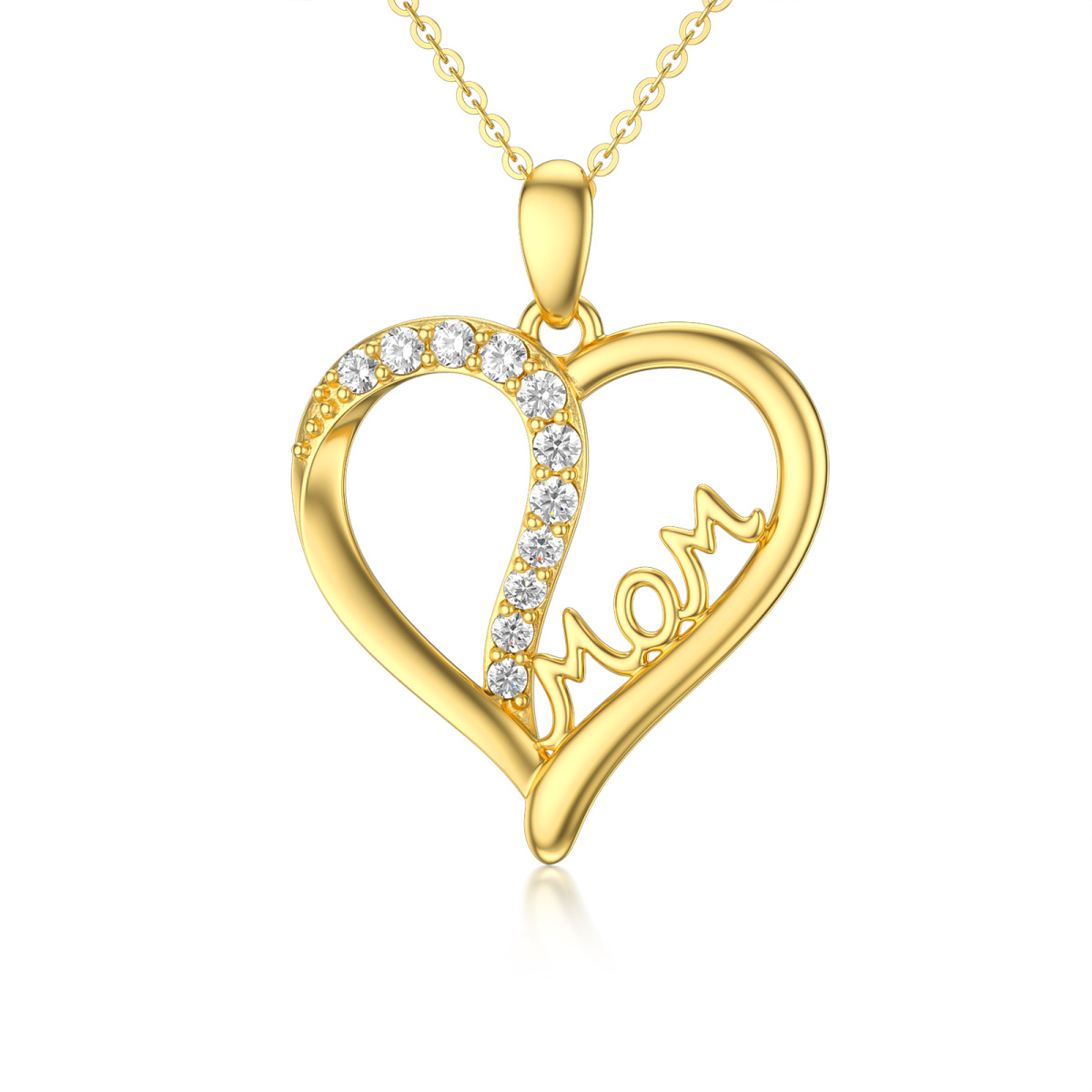 Collier en or 14K avec pendentif en forme de coeur en zircon cubique et mot gravé-1