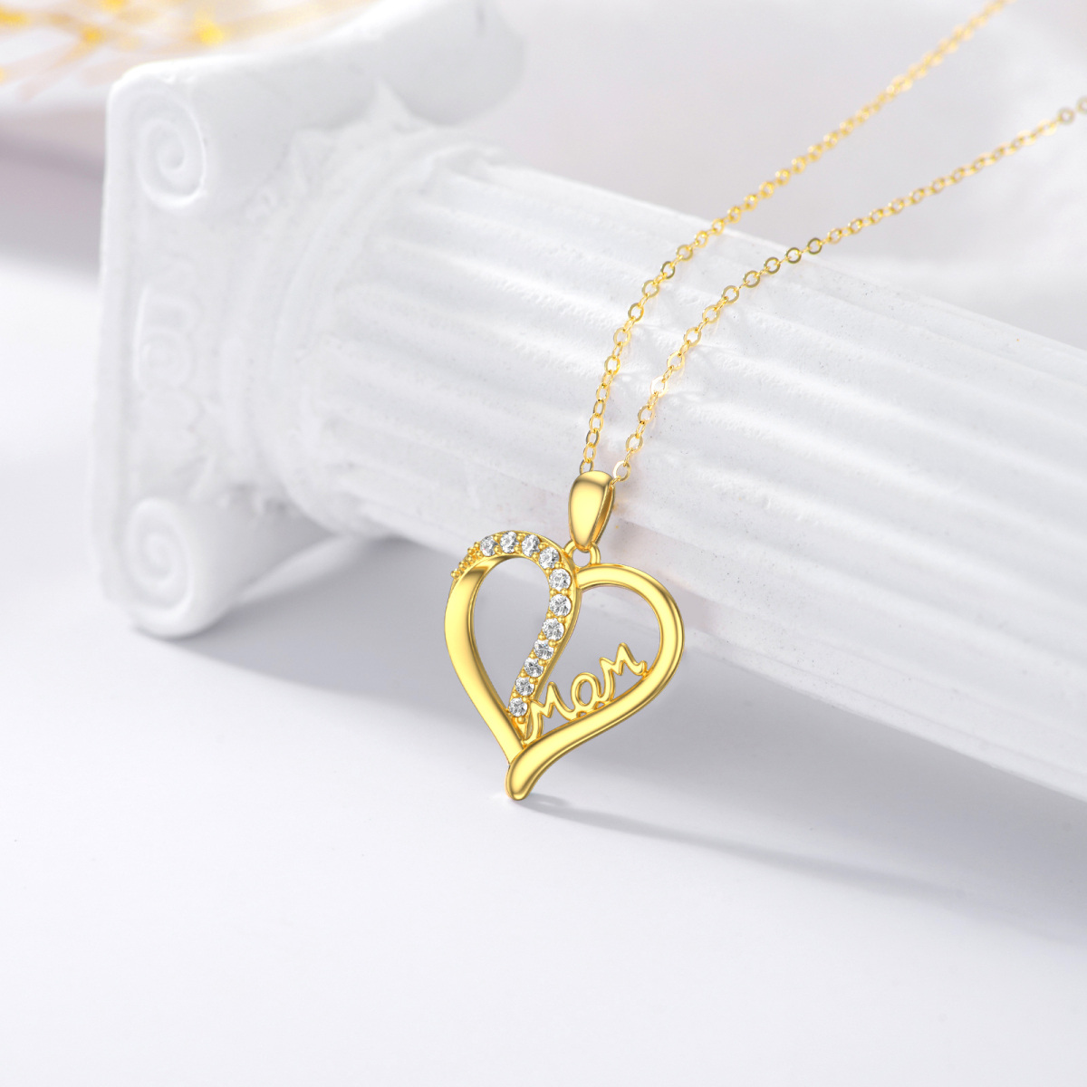 10K Gold Circular Shaped Cubic Zirconia Heart Pendant Necklace with Engraved Word-3