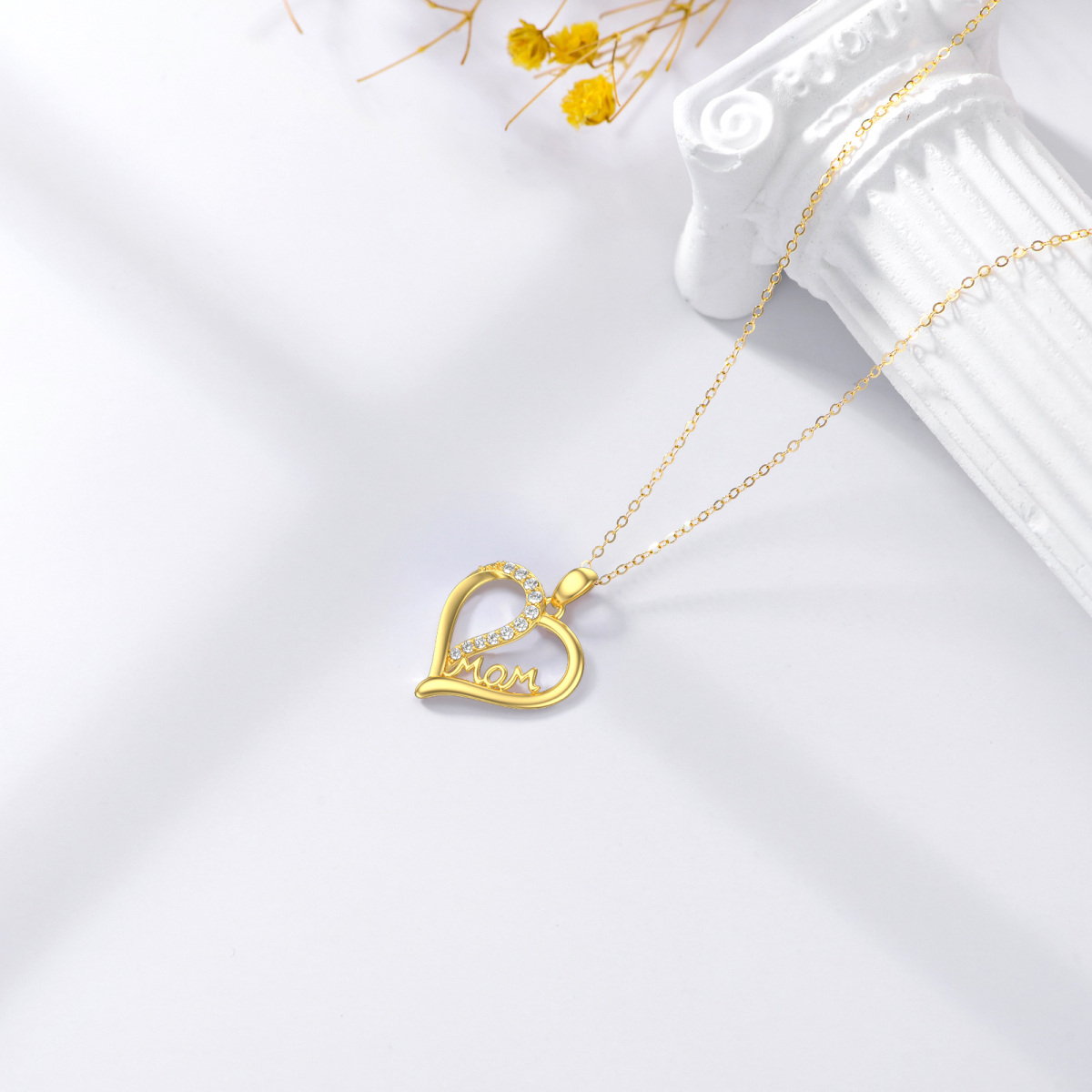 10K Gold Circular Shaped Cubic Zirconia Heart Pendant Necklace with Engraved Word-4