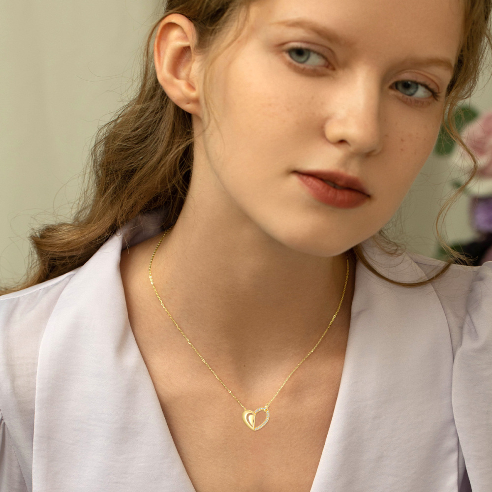 10K Gold Circular Shaped Cubic Zirconia Heart Pendant Necklace-2