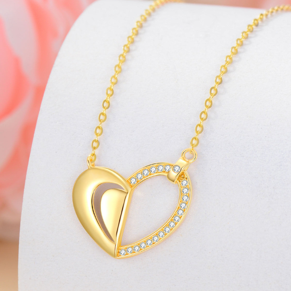 10K Gold Circular Shaped Cubic Zirconia Heart Pendant Necklace-3