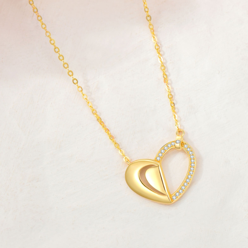 10K Gold Circular Shaped Cubic Zirconia Heart Pendant Necklace-4