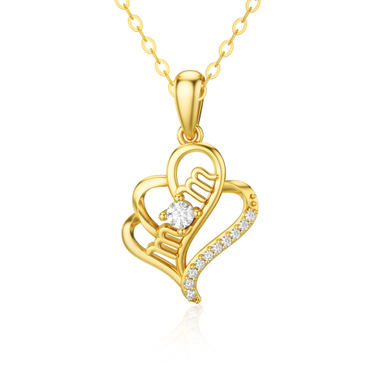 Collana con ciondolo a forma di cuore in zirconia cubica circolare in oro 14K con parola incisa