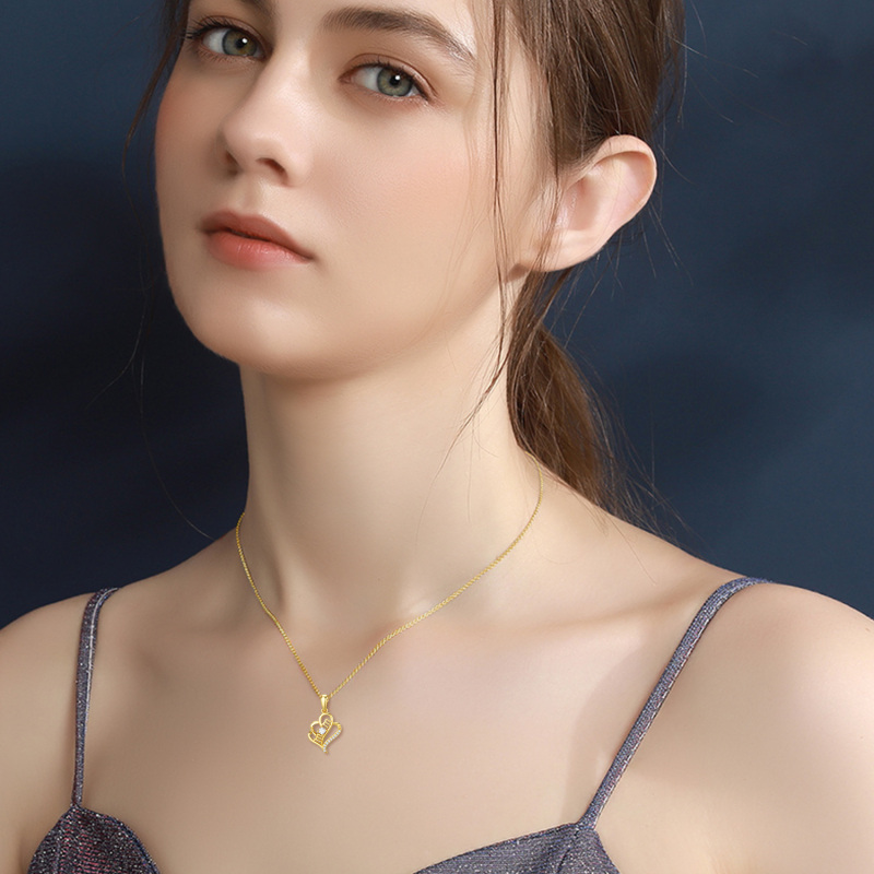 10K White Gold Round Cut Cubic Zirconia Heart Pendant Necklace with Engraved Word-2