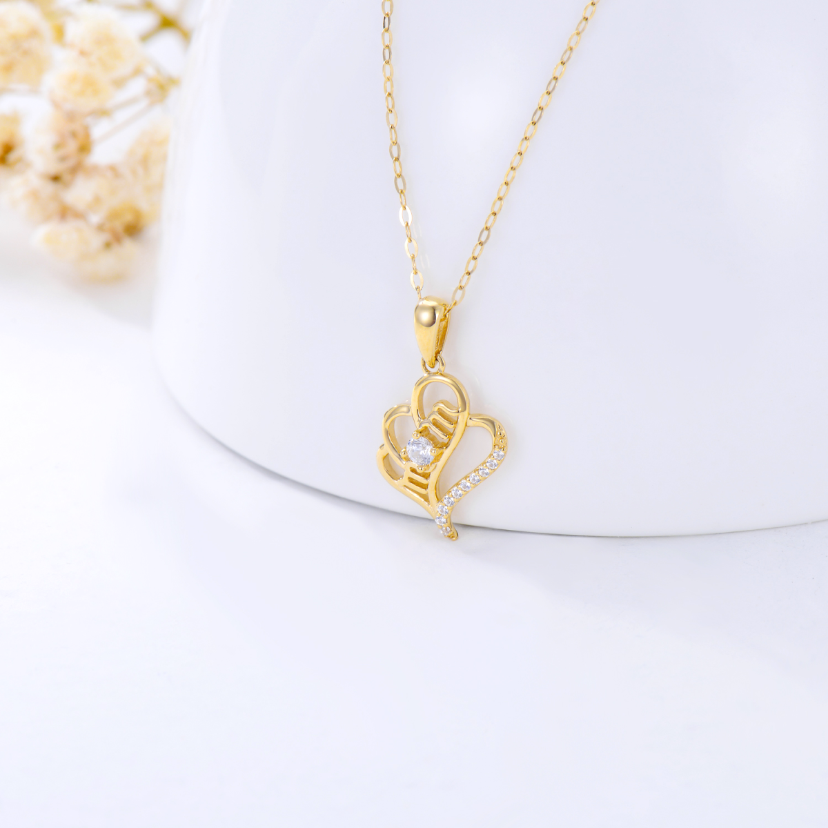 14K Gold Circular Shaped Cubic Zirconia Heart Pendant Necklace with Engraved Word-4