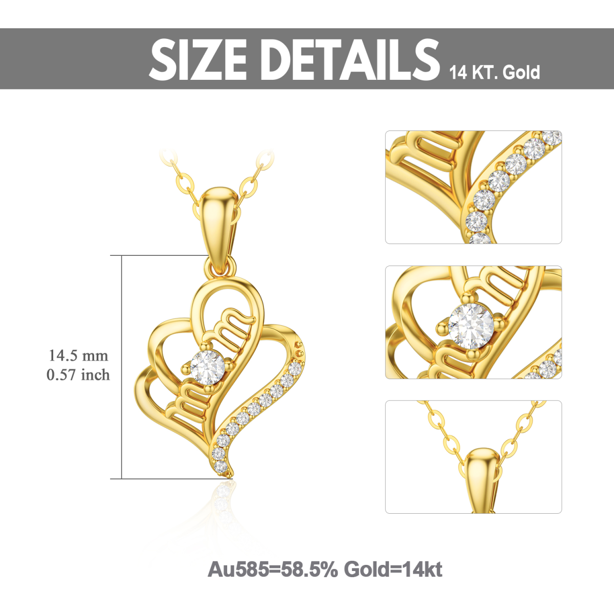 14K Gold kreisförmig Cubic Zirkonia Herz Anhänger Halskette mit eingraviertem Wort-6