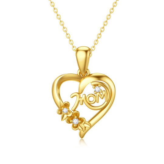 Collana con ciondolo a forma di cuore in zirconia cubica circolare in oro 14K con parola incisa