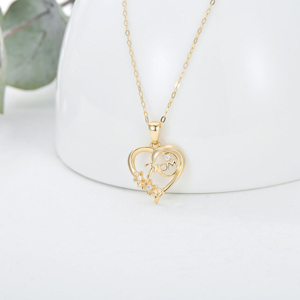 10K Gold Circular Shaped Cubic Zirconia Heart Pendant Necklace with Engraved Word-4