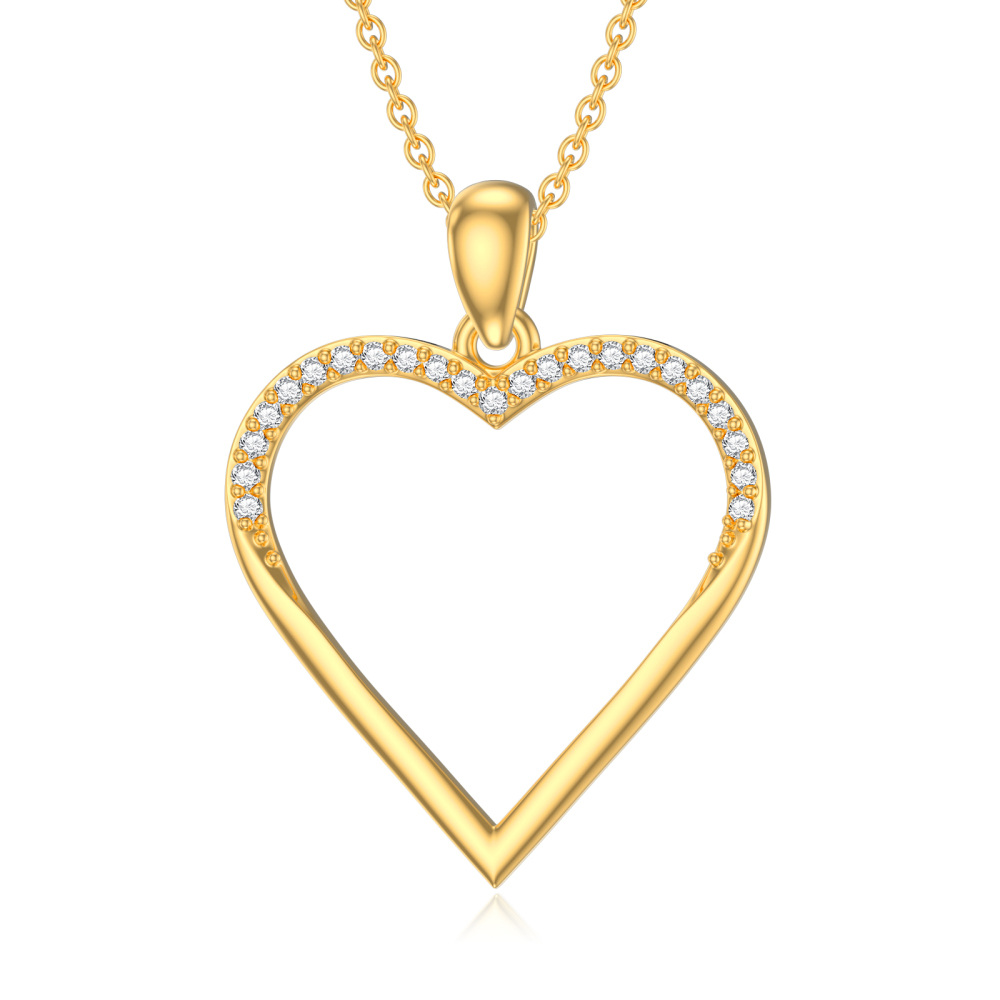 10K Gold Circular Shaped Cubic Zirconia Heart Pendant Necklace-1