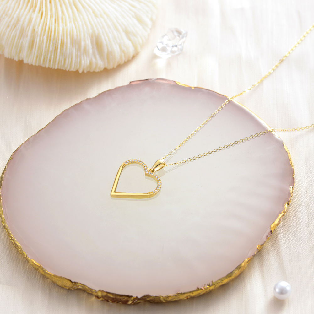 10K Gold Circular Shaped Cubic Zirconia Heart Pendant Necklace-3