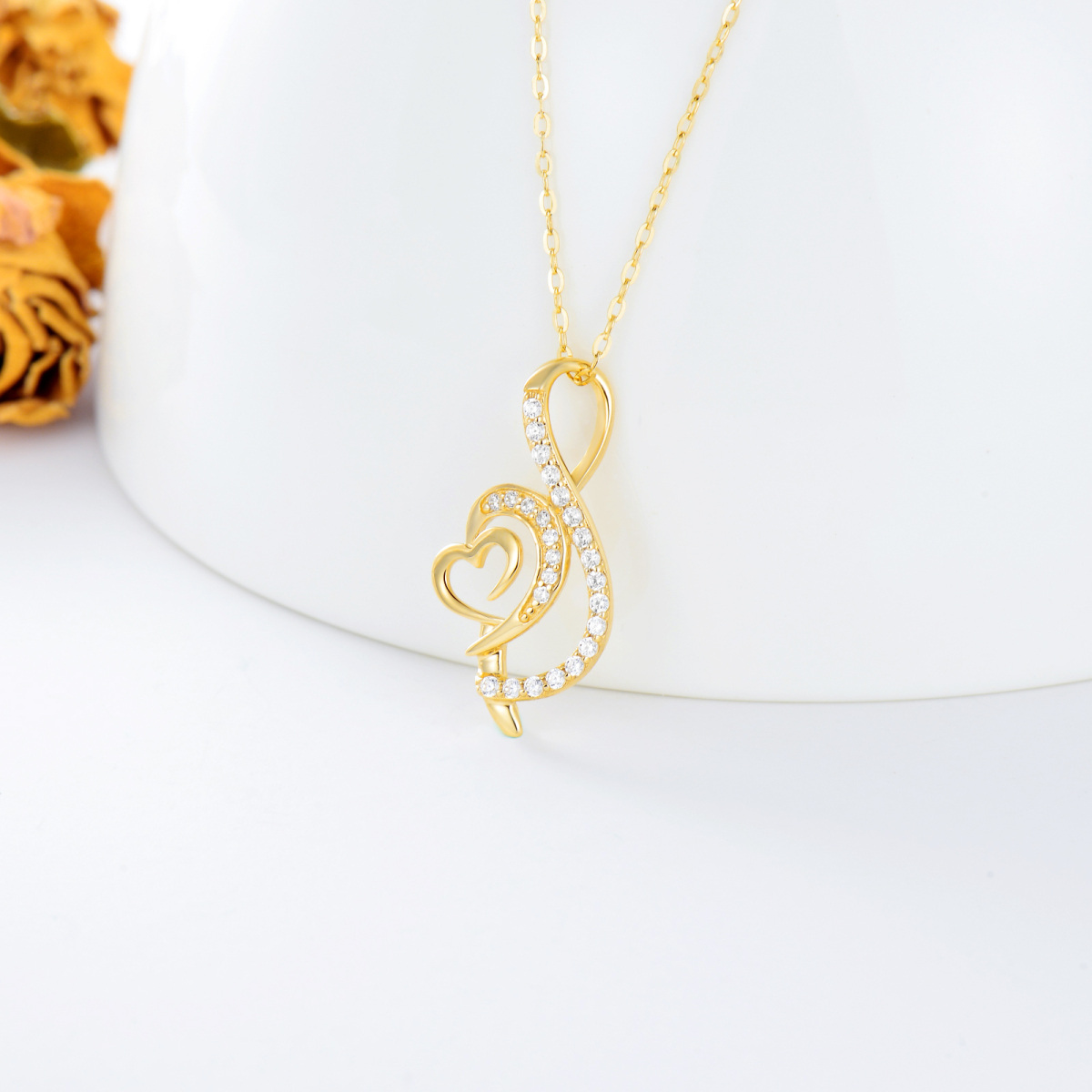 Collana con ciondolo a forma di cuore con zirconi circolari in oro 14K-3