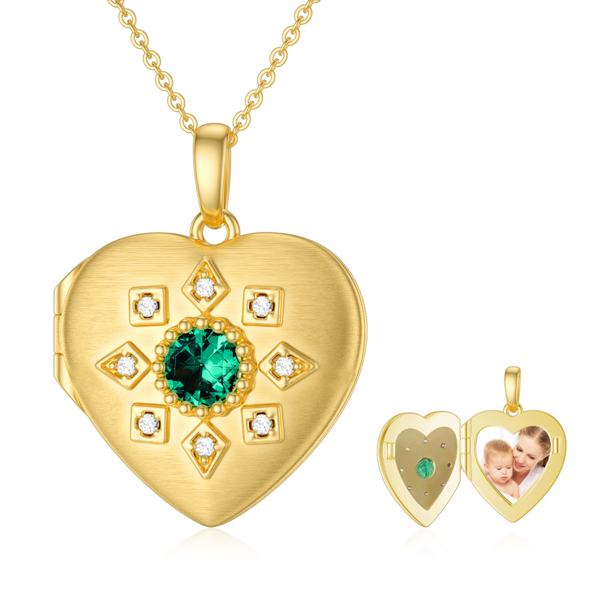 10K Gold Circular Shaped Cubic Zirconia Heart Personalized Photo Locket Necklace-1