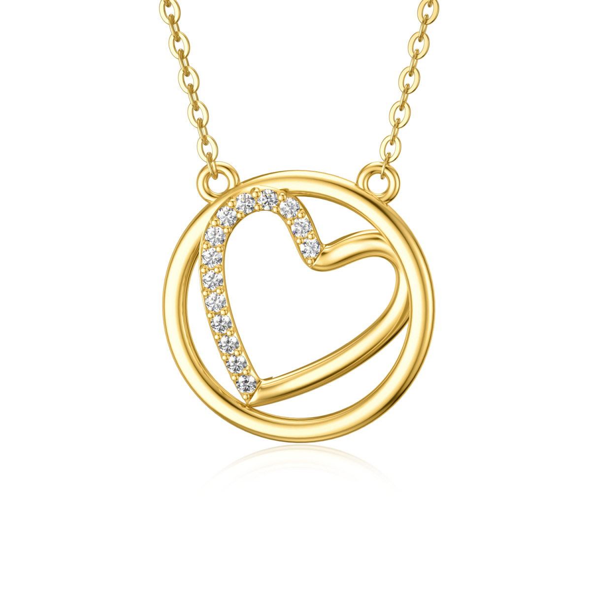 10K Gold Circular Shaped Cubic Zirconia Heart & Round Pendant Necklace-1