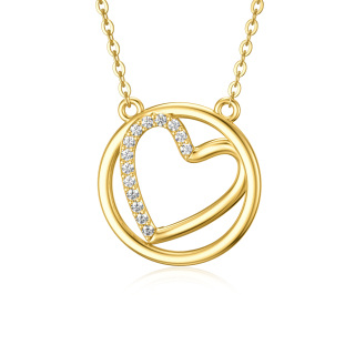 10K Gold Circular Shaped Cubic Zirconia Heart & Round Pendant Necklace-59