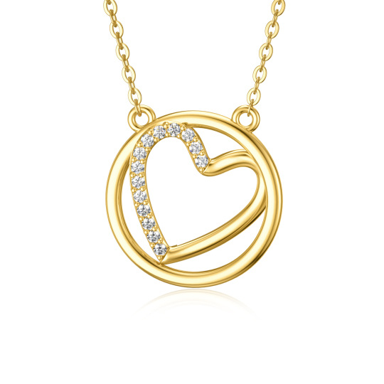 Collier en or 14K à pendentifs circulaires en zircon cubique en forme de cœur et de cercle