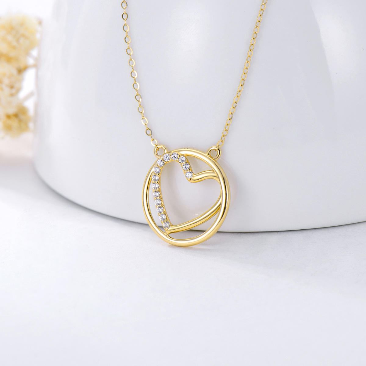 10K Gold Circular Shaped Cubic Zirconia Heart & Round Pendant Necklace-3