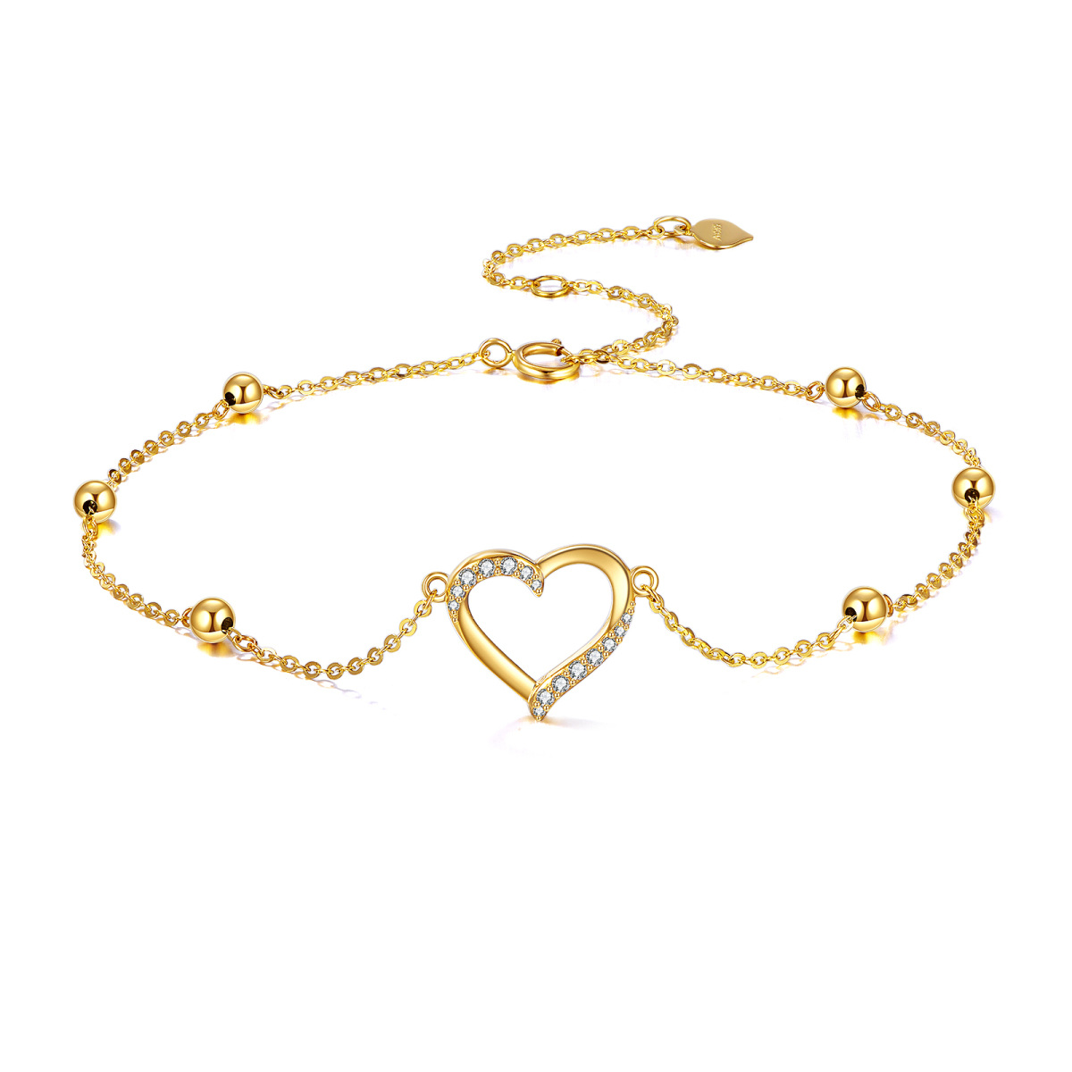 10K Gold Circular Shaped Cubic Zirconia Heart Single Layer Anklet-1