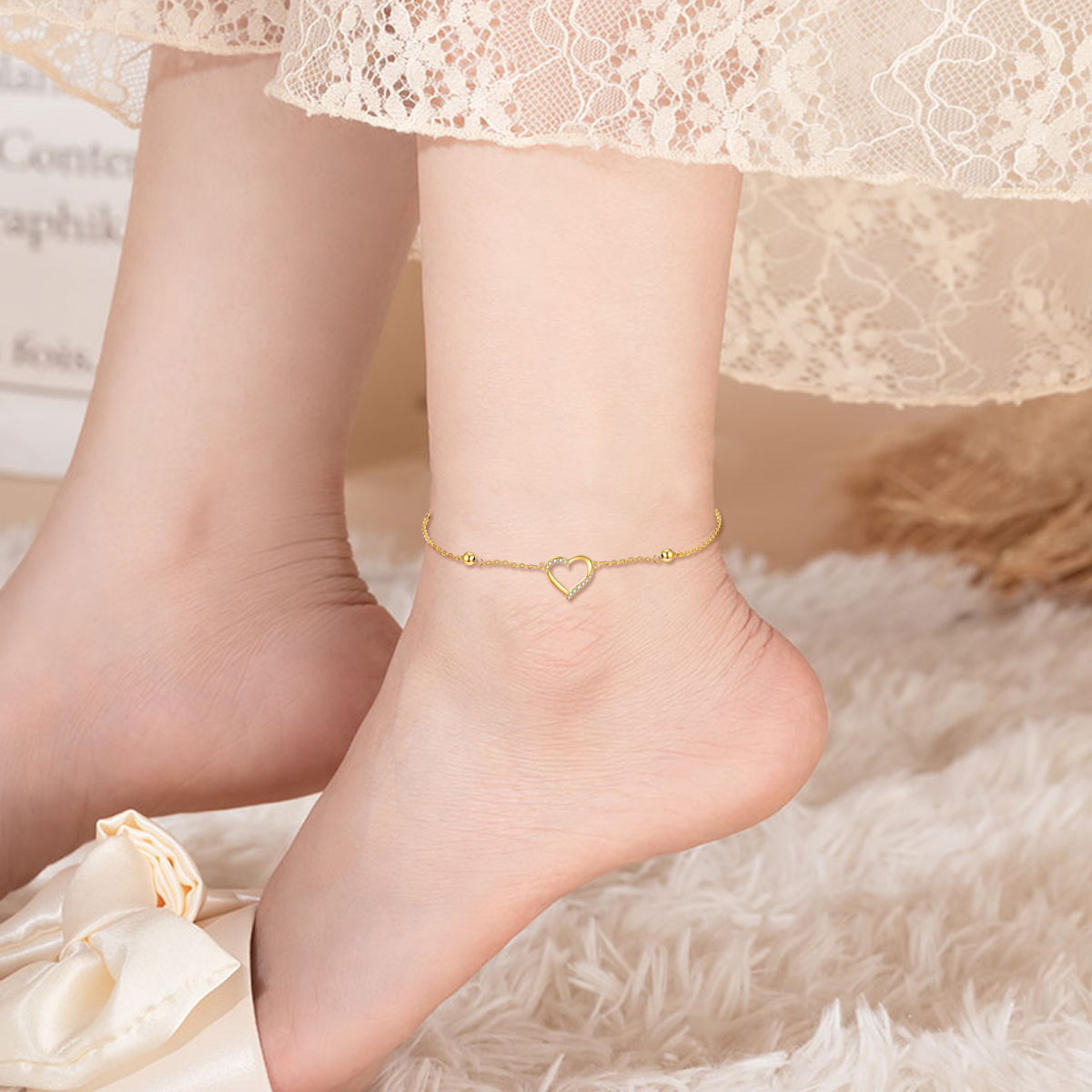 14K Gold Circular Shaped Cubic Zirconia Heart Single Layer Anklet-2