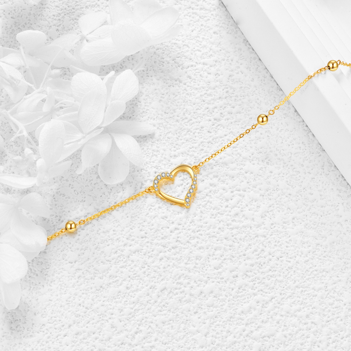 14K Gold Circular Shaped Cubic Zirconia Heart Single Layer Anklet-3