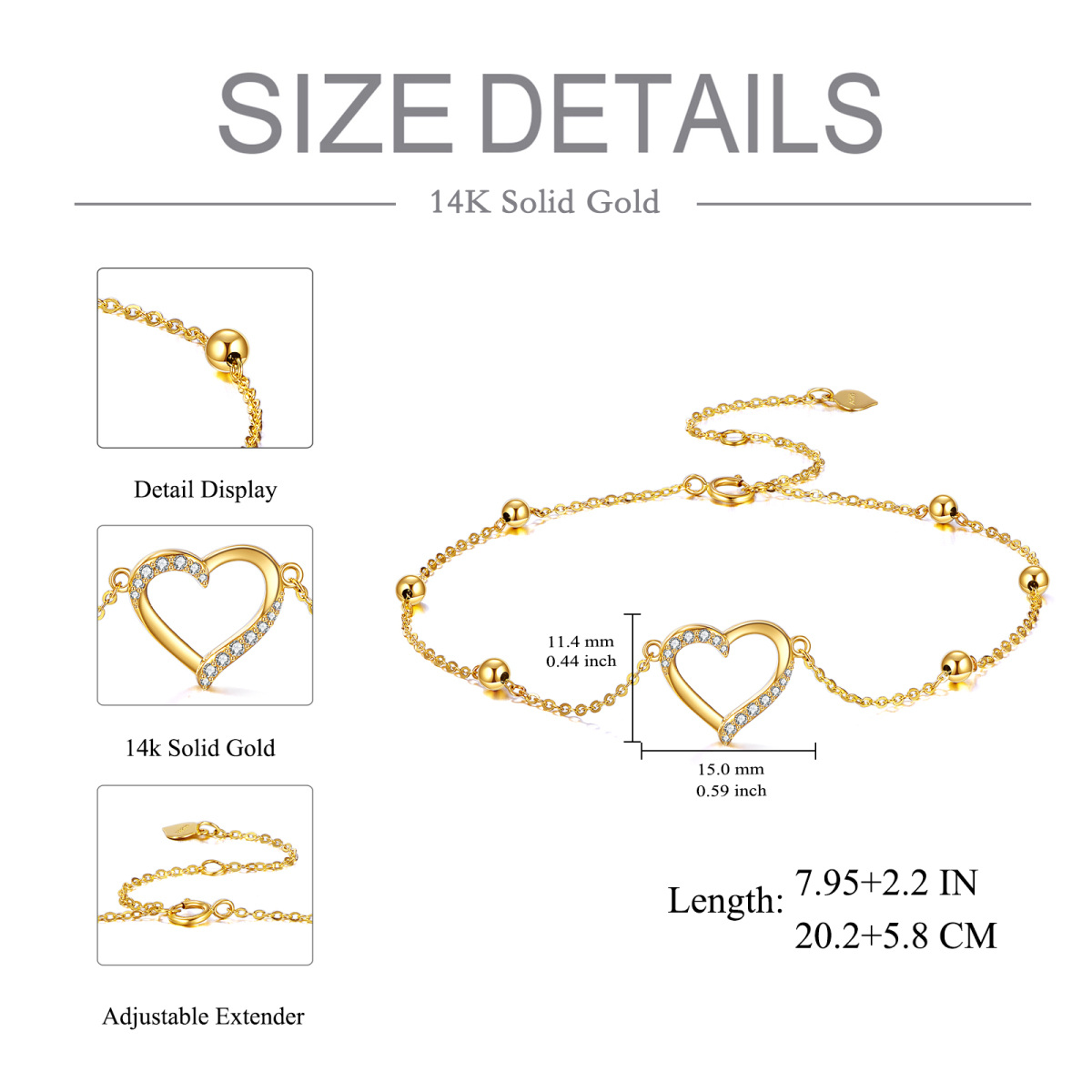 10K Gold Circular Shaped Cubic Zirconia Heart Single Layer Anklet-5