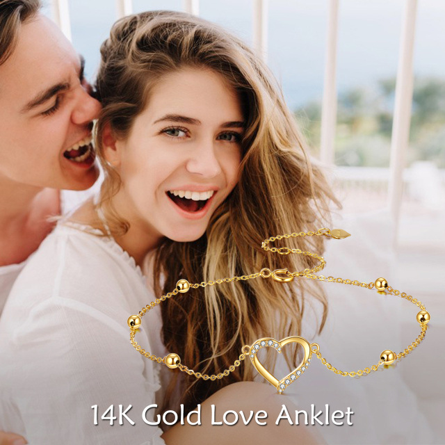 Cavigliera d'oro 14K a forma di cuore con zircone cubico a forma di circolare-6