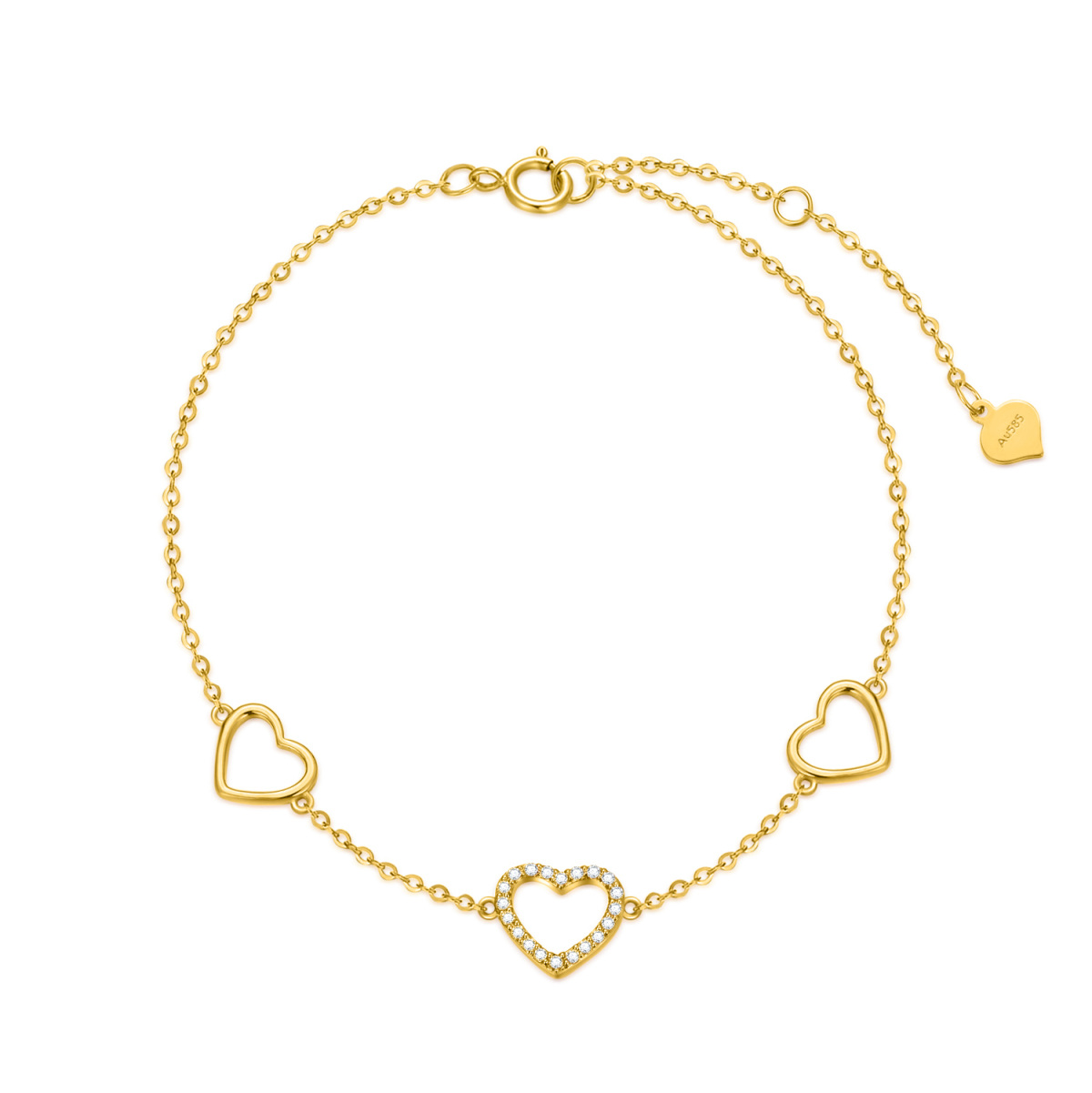 Bracelet de cheville en or 14K en forme de cœur à zircon cubique à couche unique-1