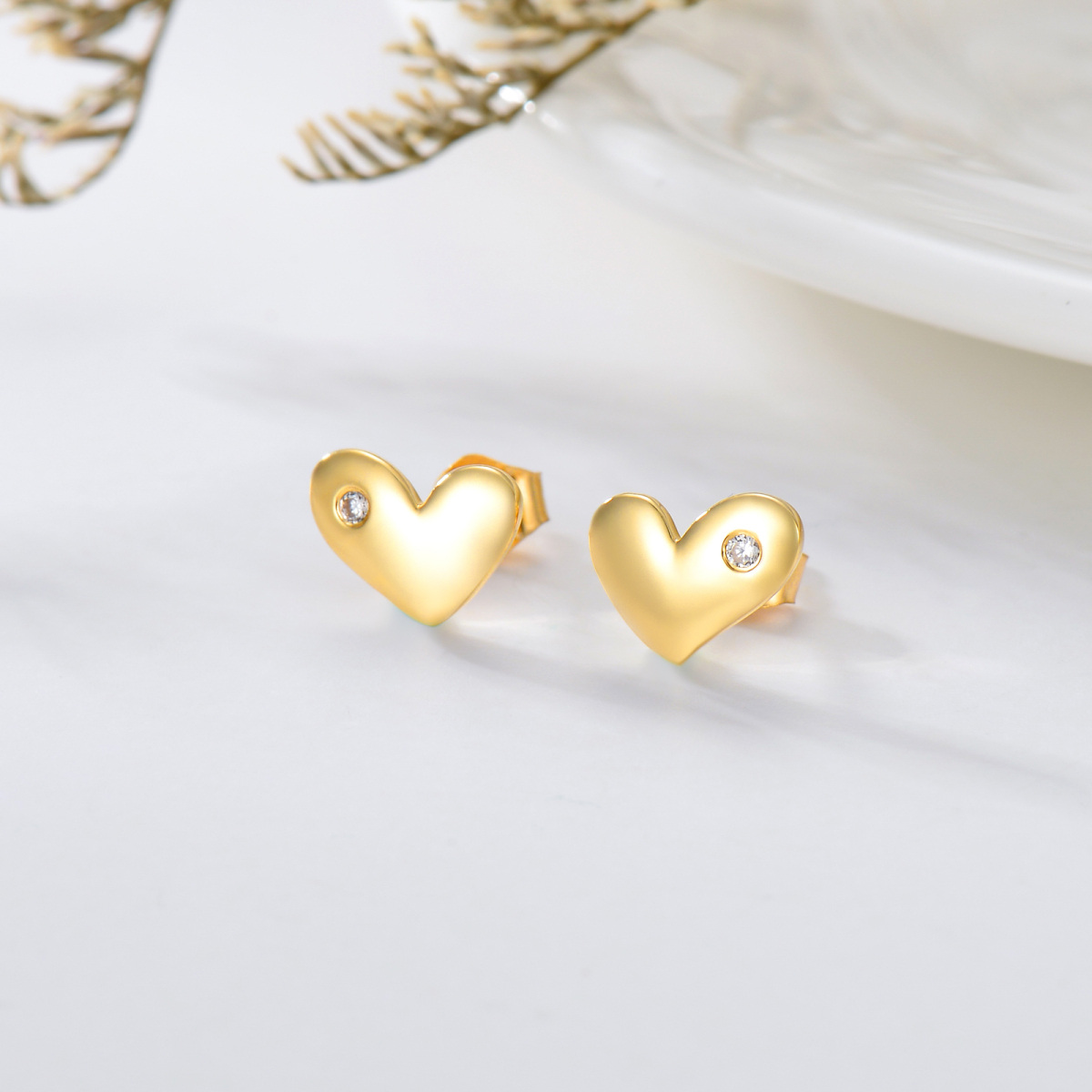 14K Gold Circular Shaped Cubic Zirconia Heart Stud Earrings-3