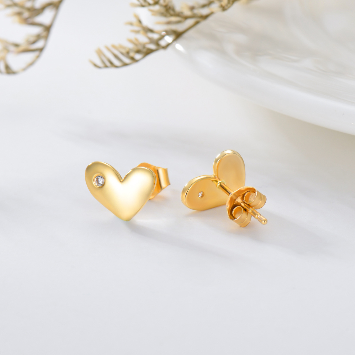 10K Gold Circular Shaped Cubic Zirconia Heart Stud Earrings-4